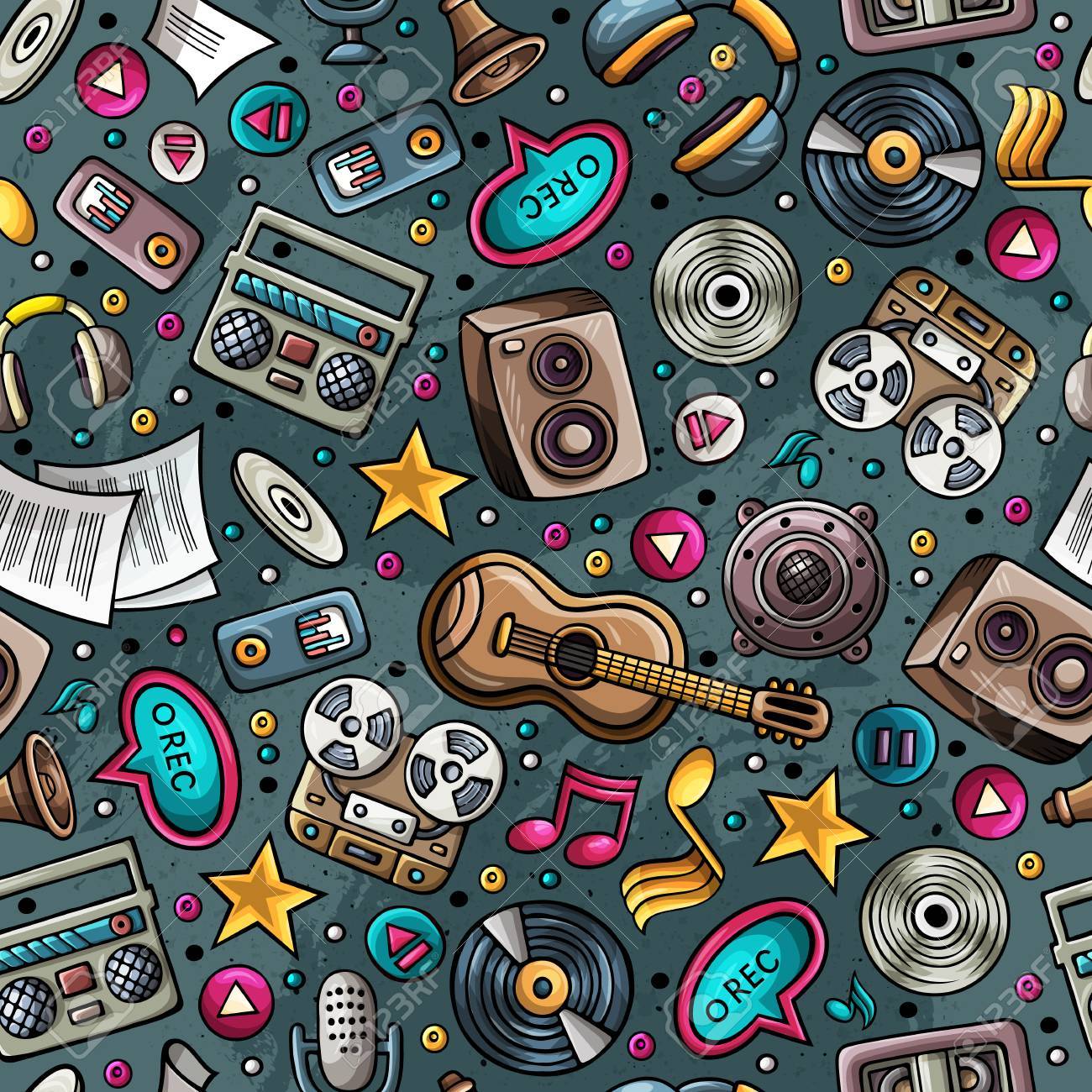 1300x1300 Cartoon Hand Drawn Musical Instruments Seamless Pattern. Lots