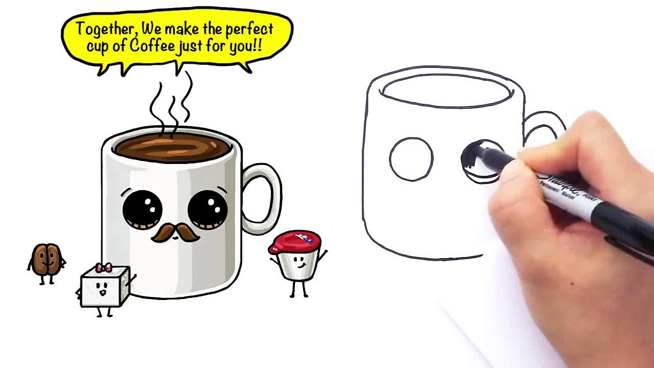 1280x720 How To Draw A Cartoon Cup Of Coffee Cute And Easy With Mustache