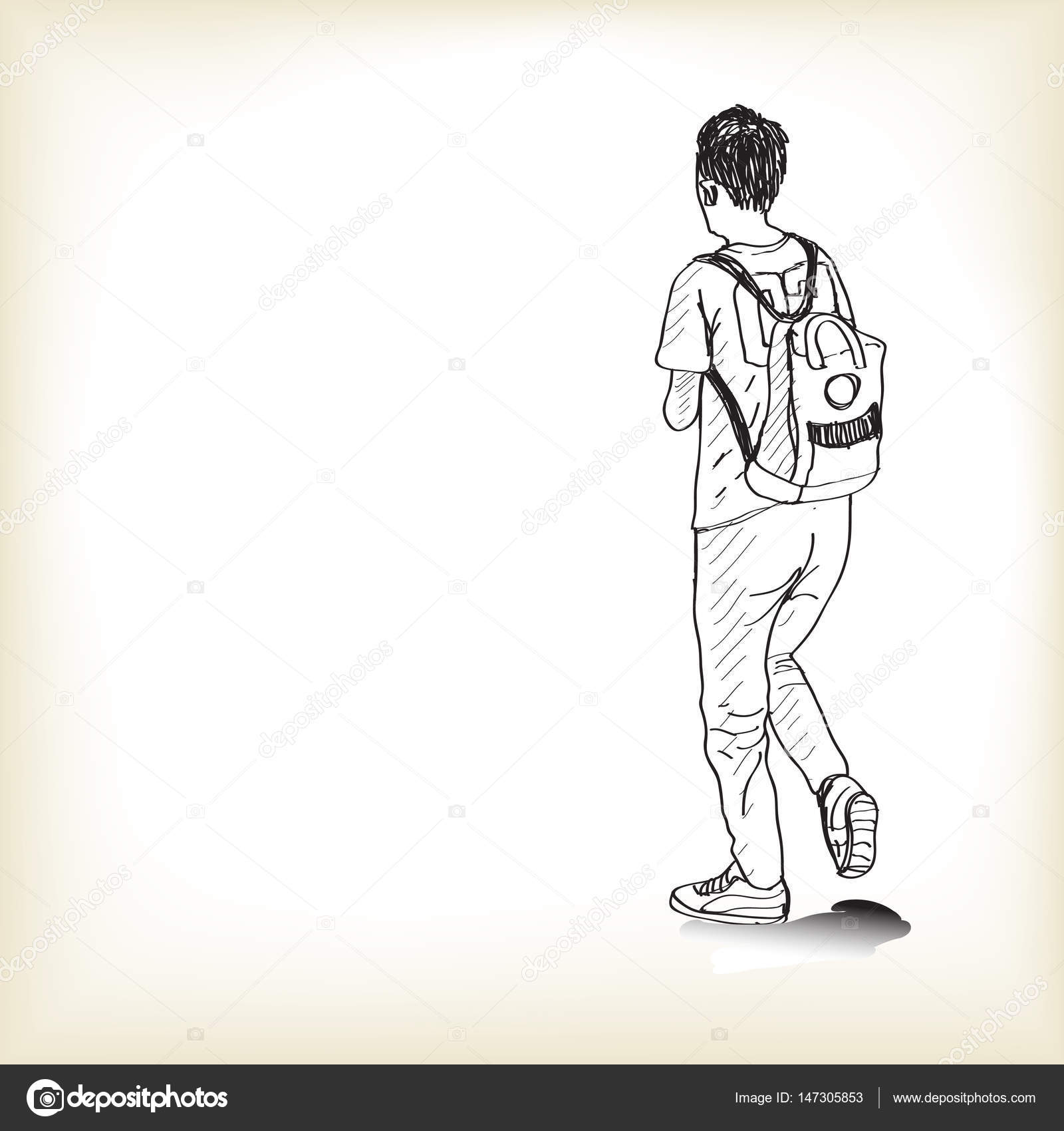 1600x1700 Sketch A Boy Walking With Backpack To School, Free Hand Draw