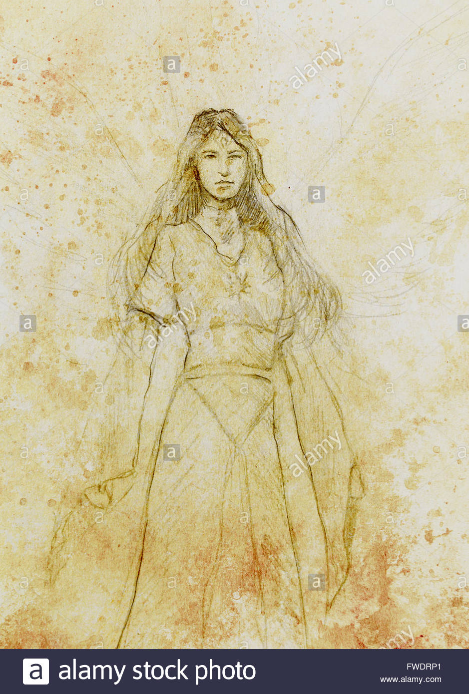 939x1390 Drawing Of Mystical Angel Woman In Beautiful Historic Dress Stock