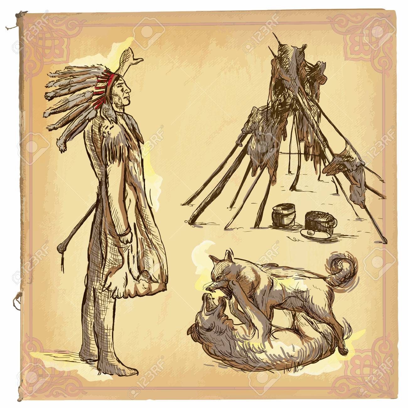 1300x1300 Illustration, Colored Line Art.native American.sketch Of An North