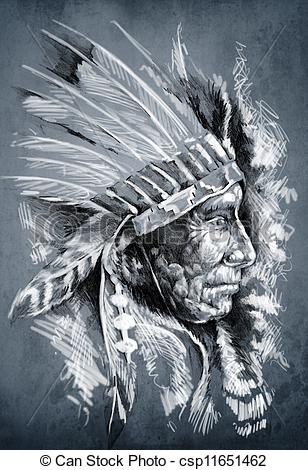 308x470 Sketch Of Tattoo Art, Native American Indian Head, Chief, Stock
