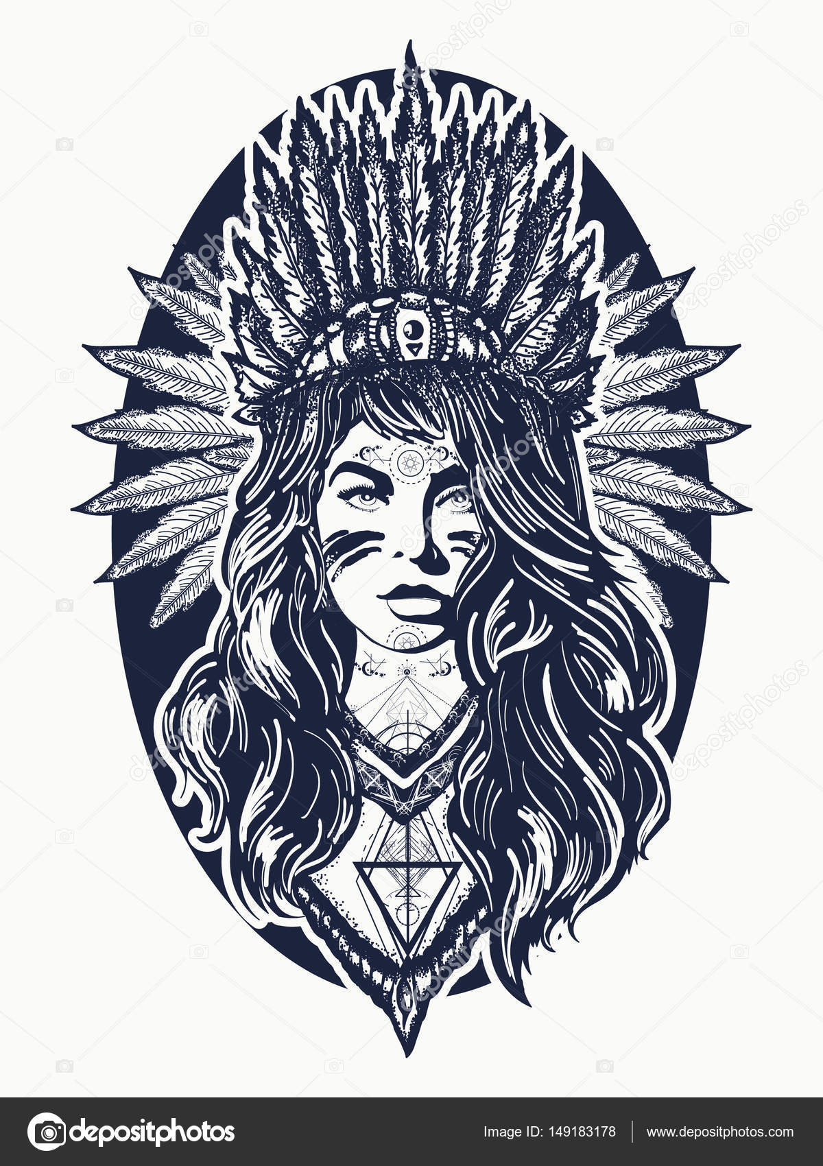 1200x1700 Native American Woman Tattoo Art. Ethnic Girl Warrior Stock