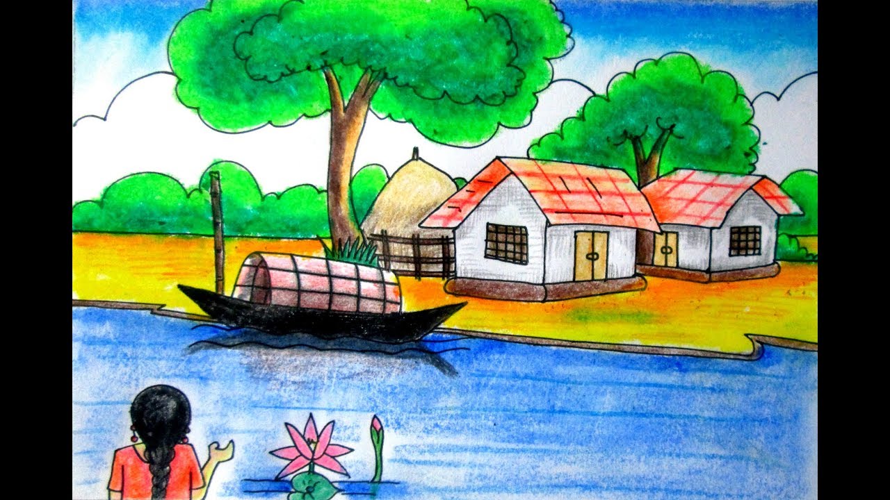 1280x720 Riverside Scenery Landscape For Beginners Village Scenery Drawing