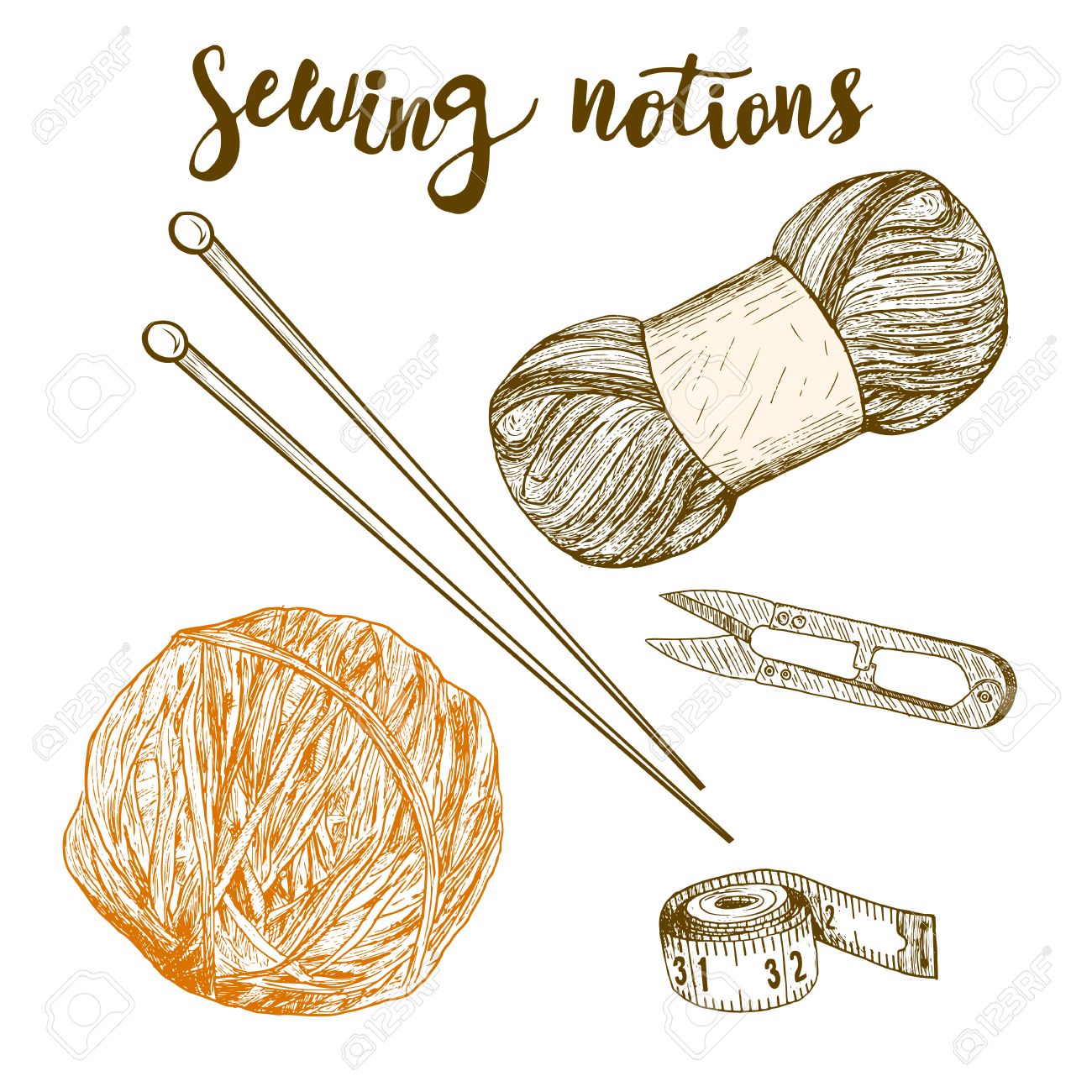 1300x1300 Sewing Notions. Hand Drawn Thread, Needle, Scissors, Ball