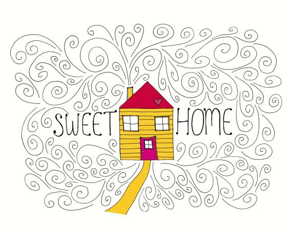 570x456 Sweet Home Illustration Print, Hand Drawn House Line Drawing