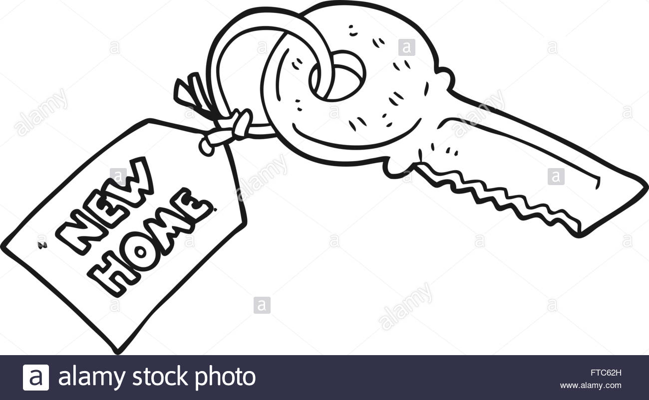 1300x802 Freehand Drawn Black And White Cartoon House Key With New Home Tag