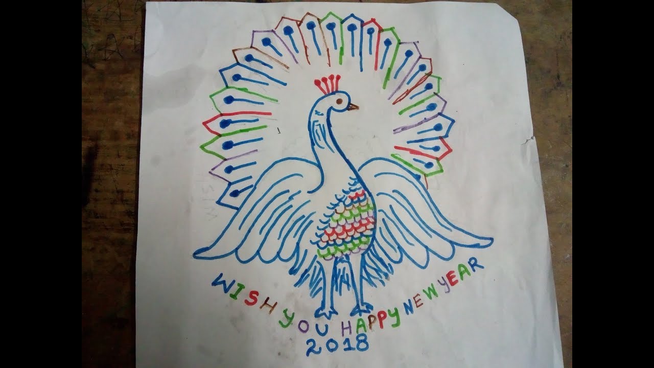 1280x720 Happy New Year 2018 Peacock Drawing