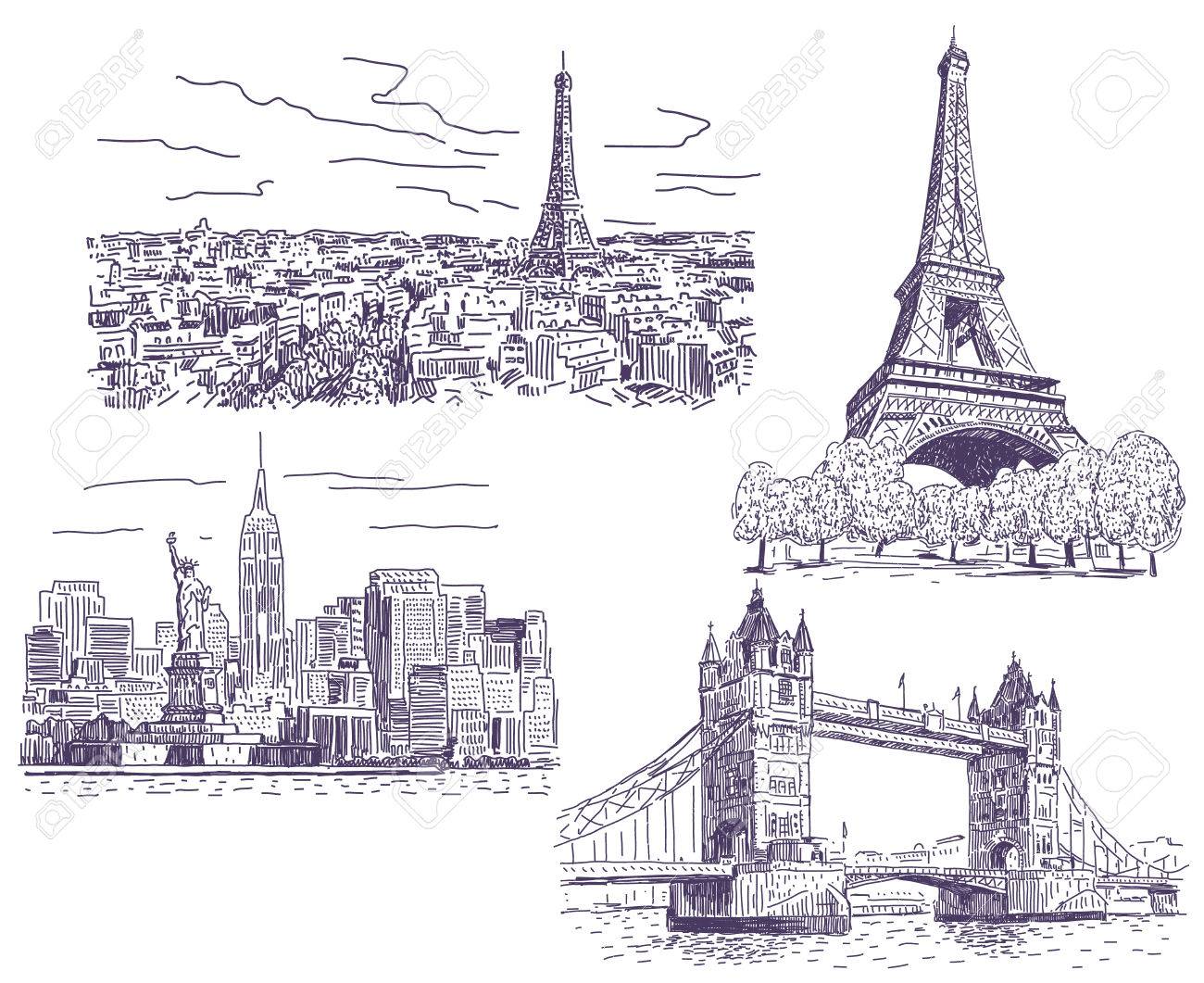 1300x1061 Paris, London And New York Drawings Illustrations Set Royalty Free