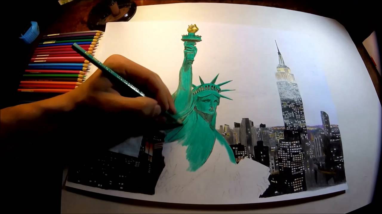 1280x720 Realistic Drawing New York, Statue Of Liberty, Manhattan