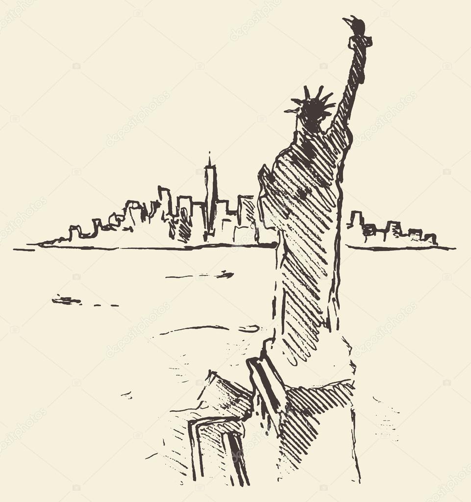 961x1024 Sketch New York City Skyline Statue Liberty Drawn Stock Vector