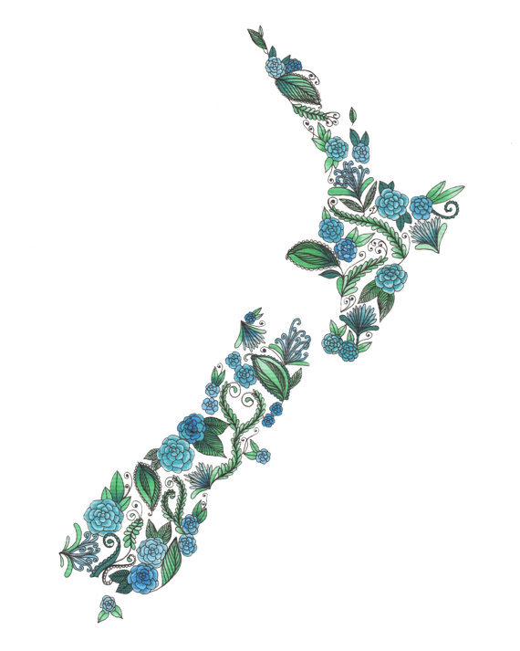 570x713 New Zealand Patterned Blue Green Art Print By Artbythelittleleaf