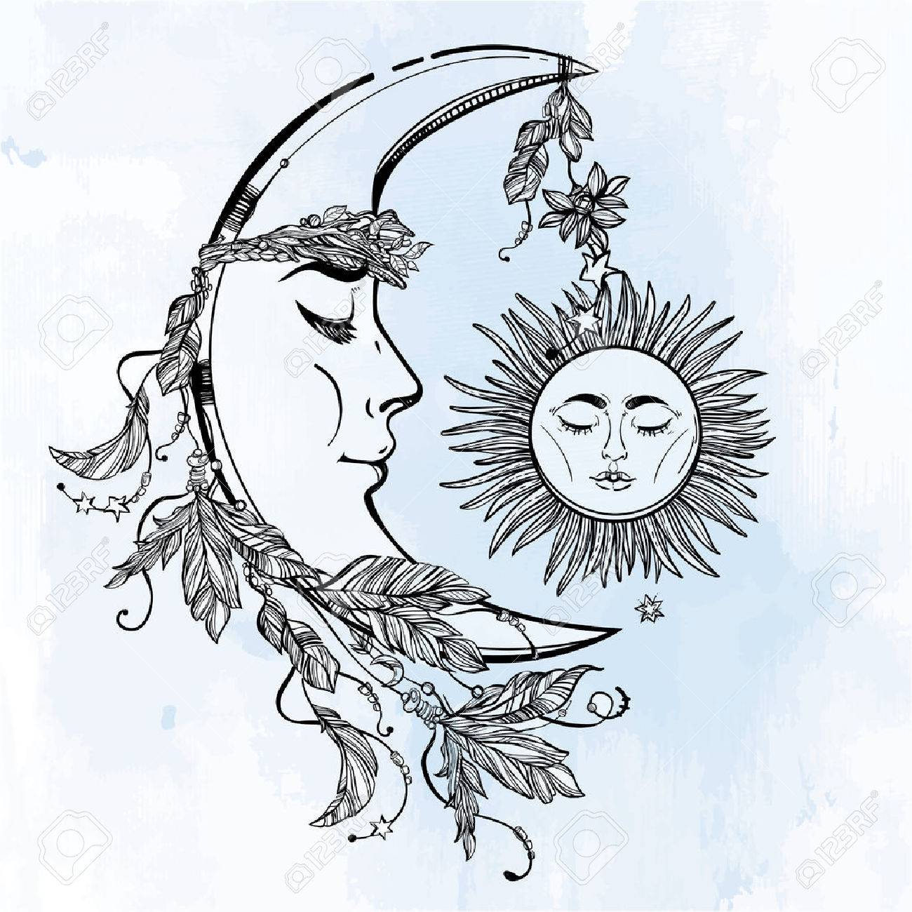 1300x1300 Hand Drawn Crescent Moon With Feathers And In The Crown Of Leaves