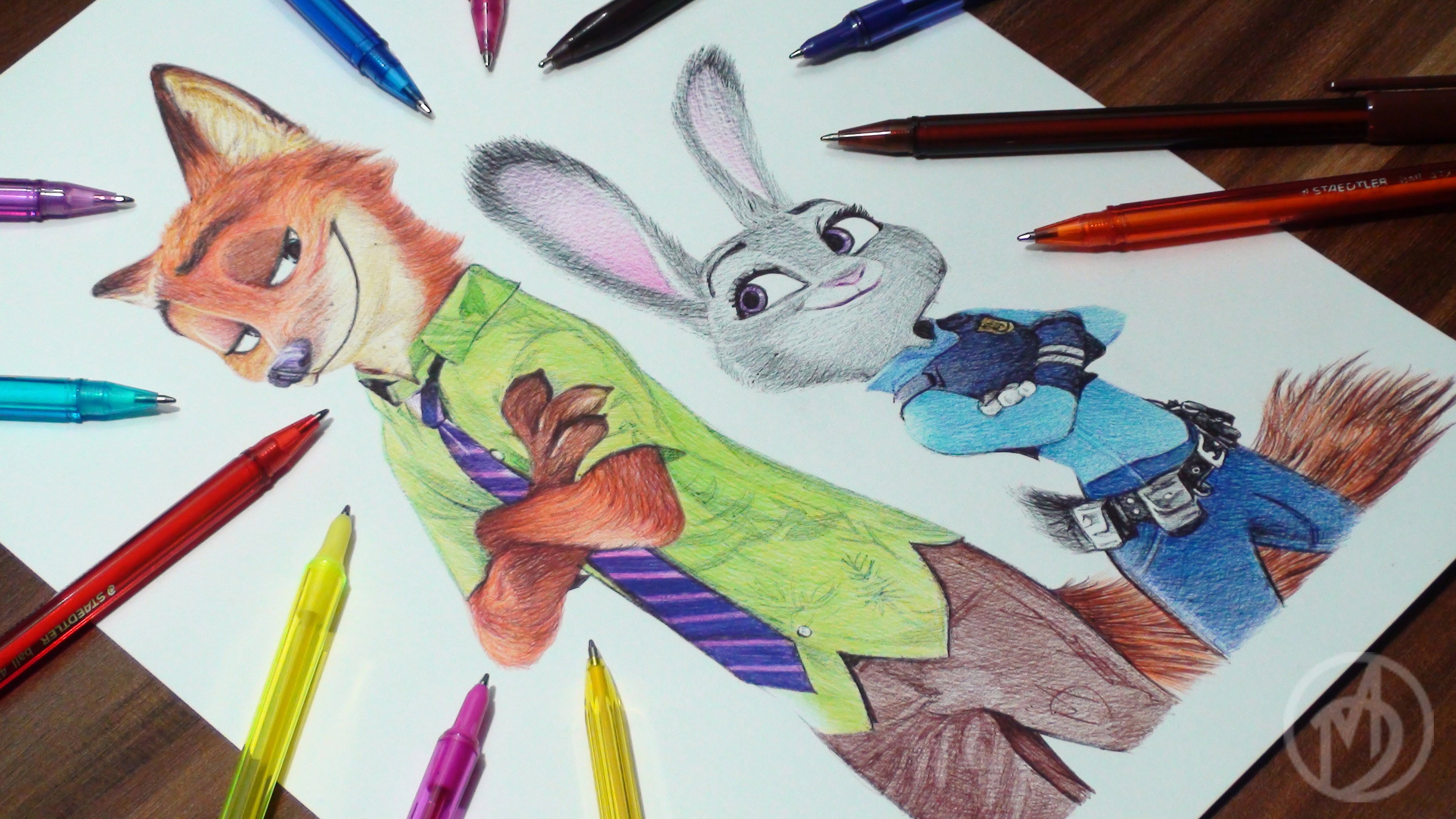3680x2070 Nick Wilde And Judy Hopps Pen Drawing