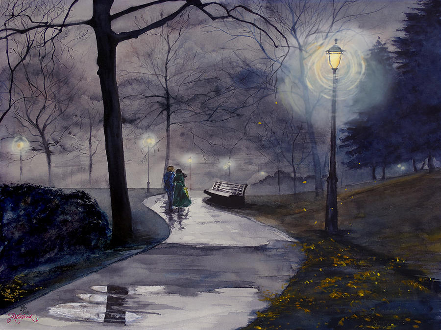 900x675 Rainy Night In Central Park Drawing By Jill Westbrook