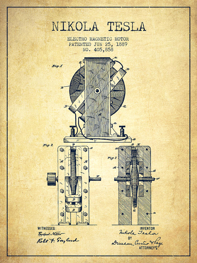 675x900 Nikola Tesla Electro Magnetic Motor Patent Drawing From 1889