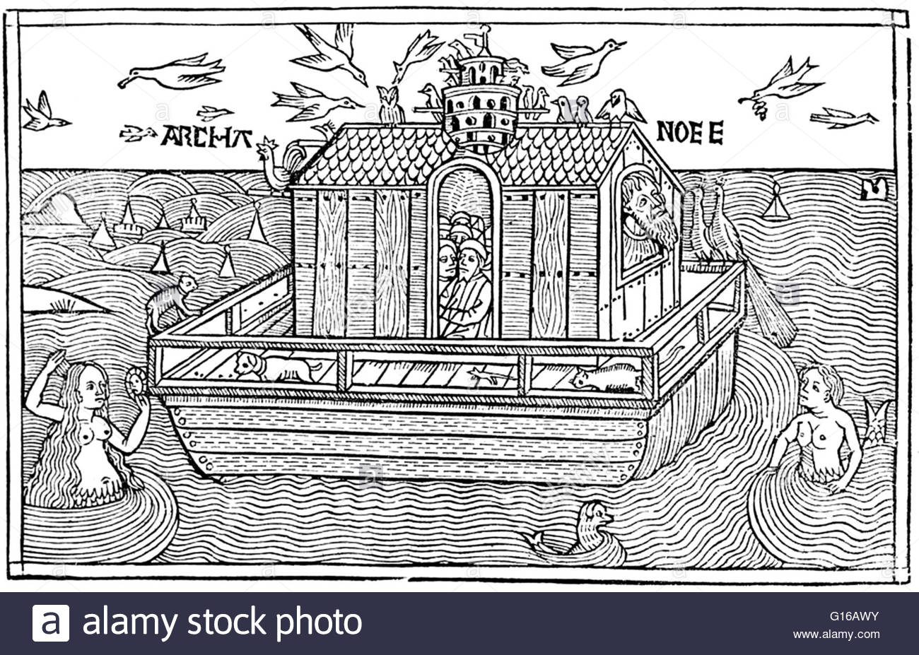 1300x927 Woodcut Of Noah's Ark With Merfolk From The Nuremberg Chronicle