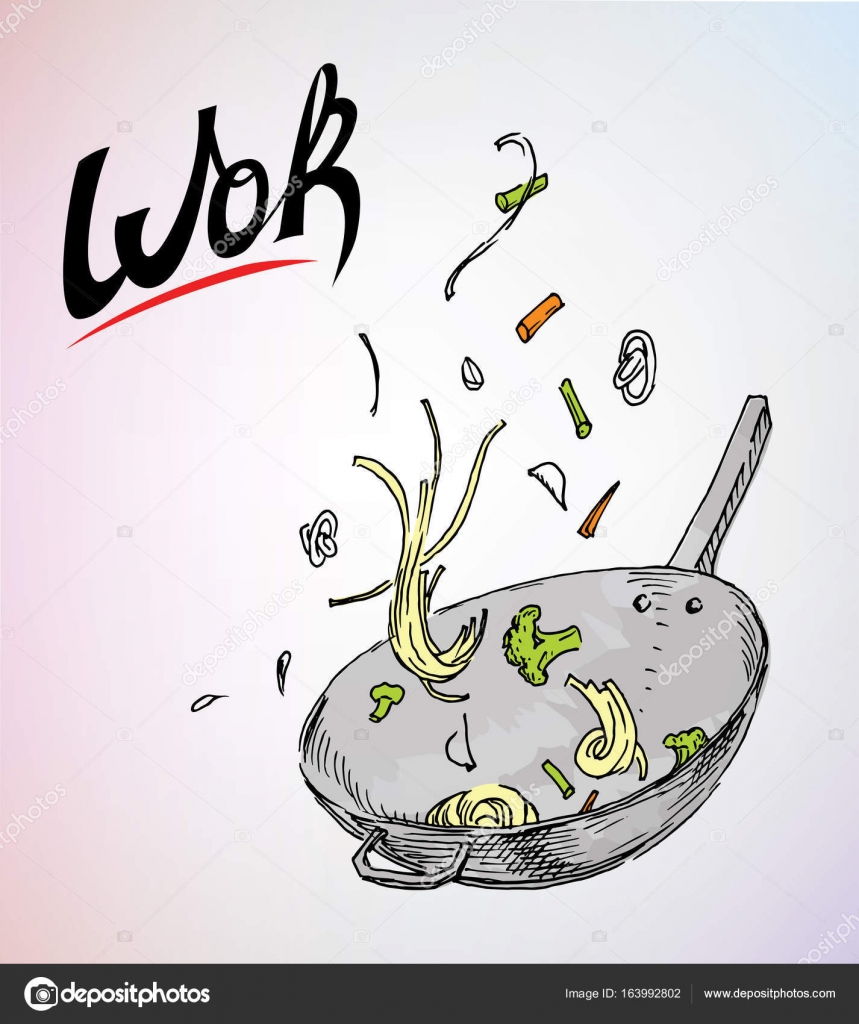 859x1024 Wok Drawing, Noodle And Rice.fried Vegetables Stock Vector