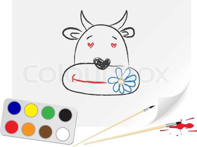 800x595 Nursery Drawing Cow On A Paper Stock Vector Colourbox