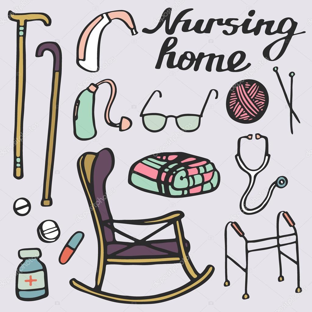 1024x1024 Nursing Home Set. Hand Drawn Stuff For Elderly Home. Doodle