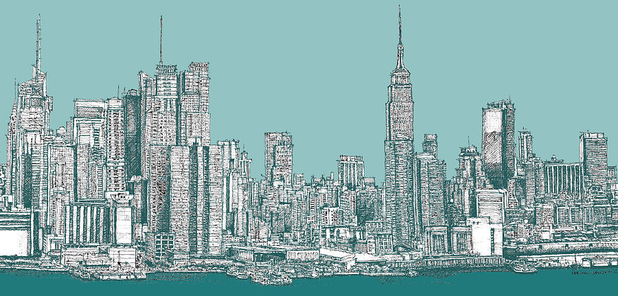 900x431 New York City In Blue Green Drawing By Building Art