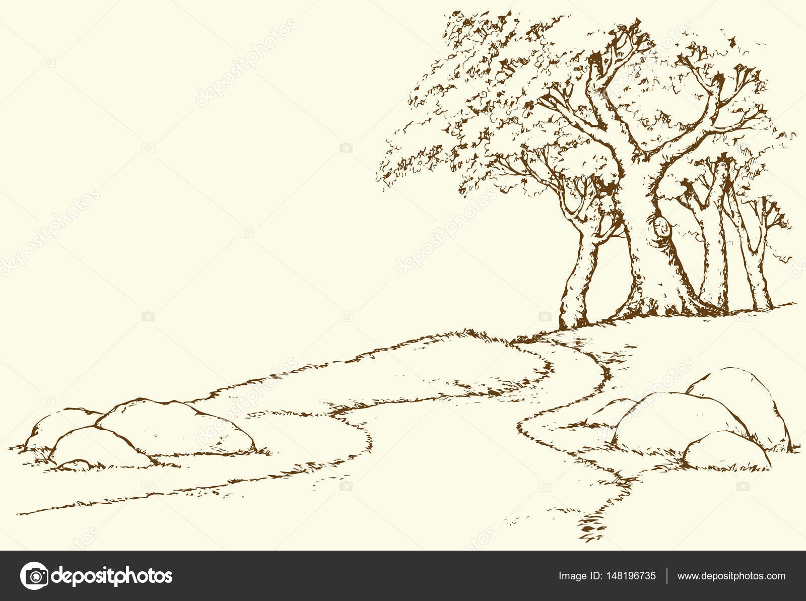 1600x1193 Mountain Landscape With Oak Trees. Vector Drawing Stock Vector