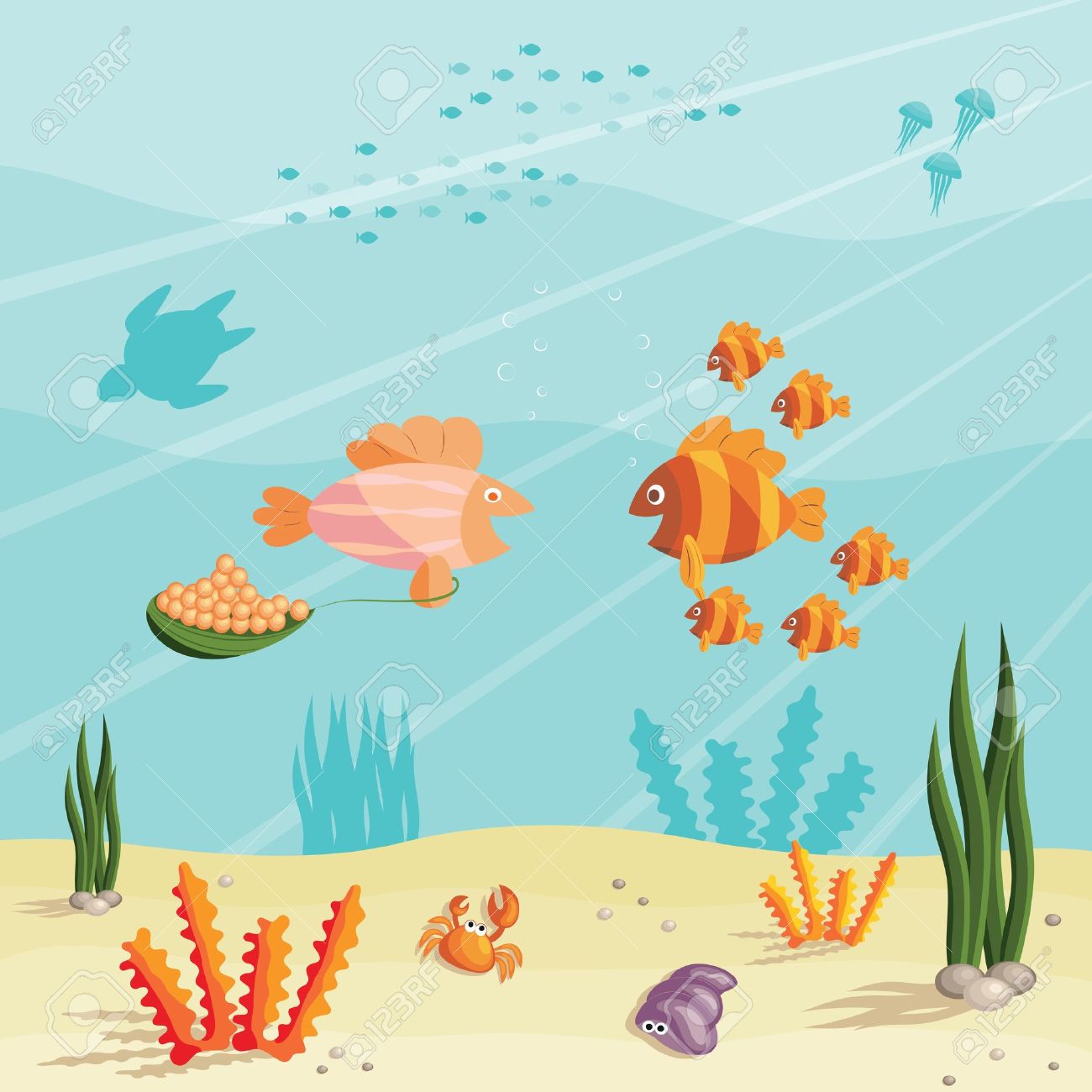1300x1300 Illustration Of An Underwater Ocean Scene With Small Cartoon