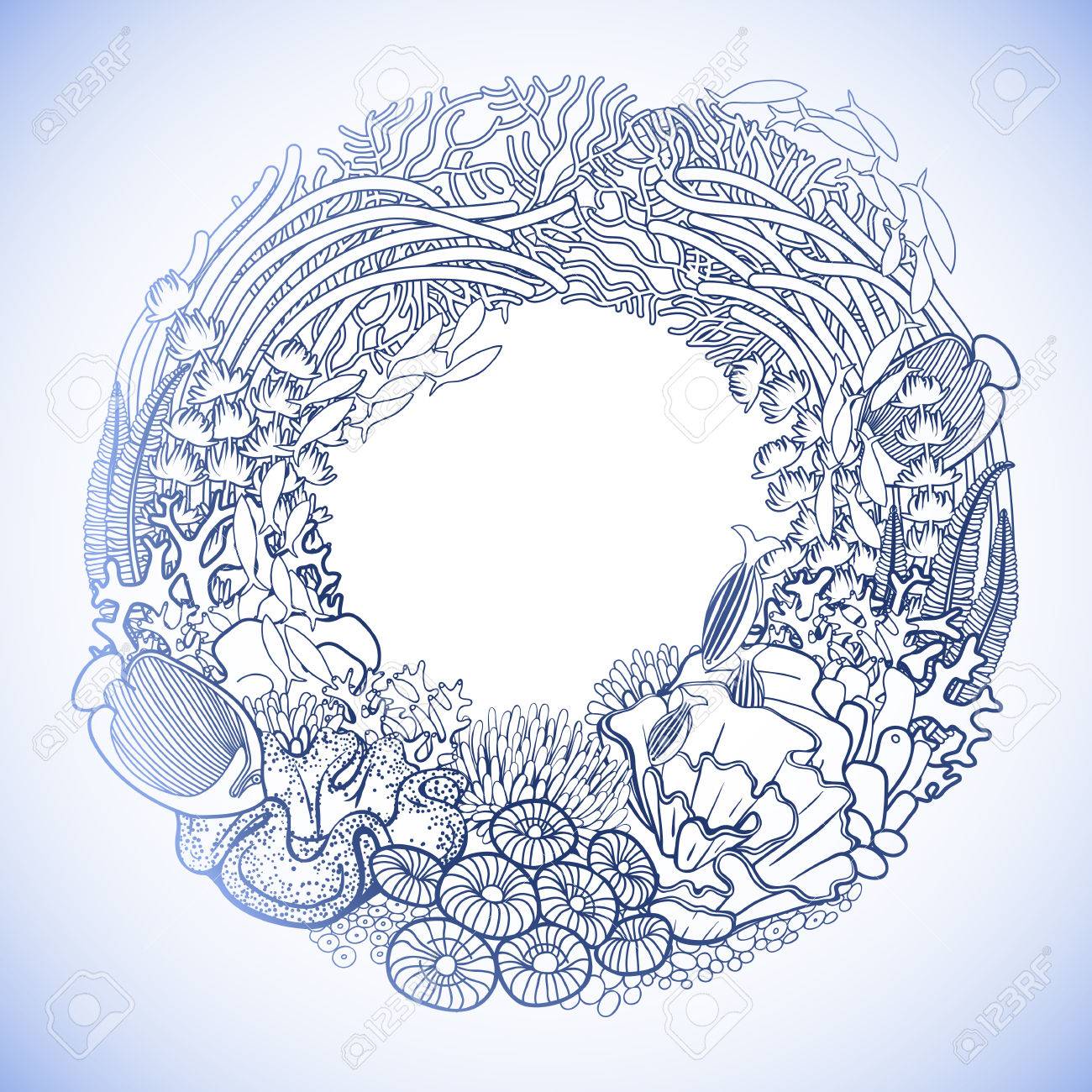 1300x1300 Coral Reef Drawn In A Line Art Style. Marine Wreath. Ocean Plants