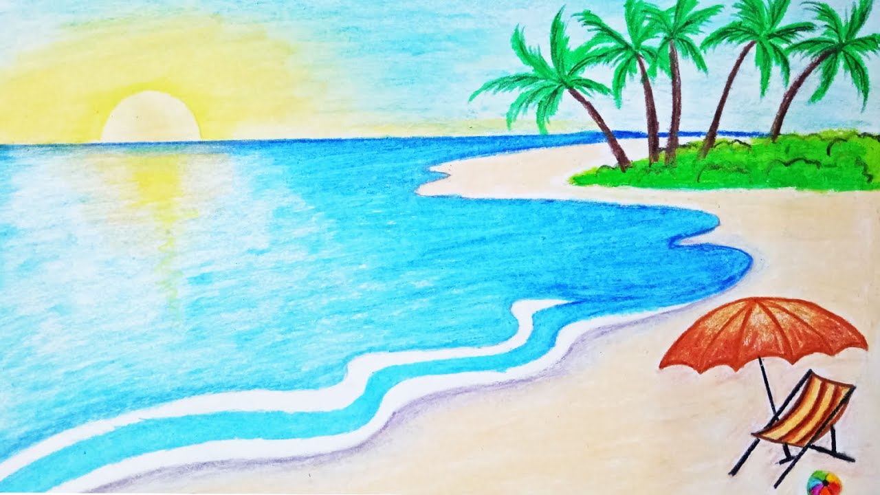 1280x720 How To Draw A Scenery Of Sea Beach Step By Step (Easy Draw)
