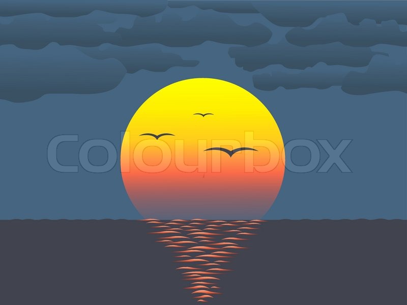 800x600 Sunset Over Ocean With Birds Flying To The Sun Vector Illustration