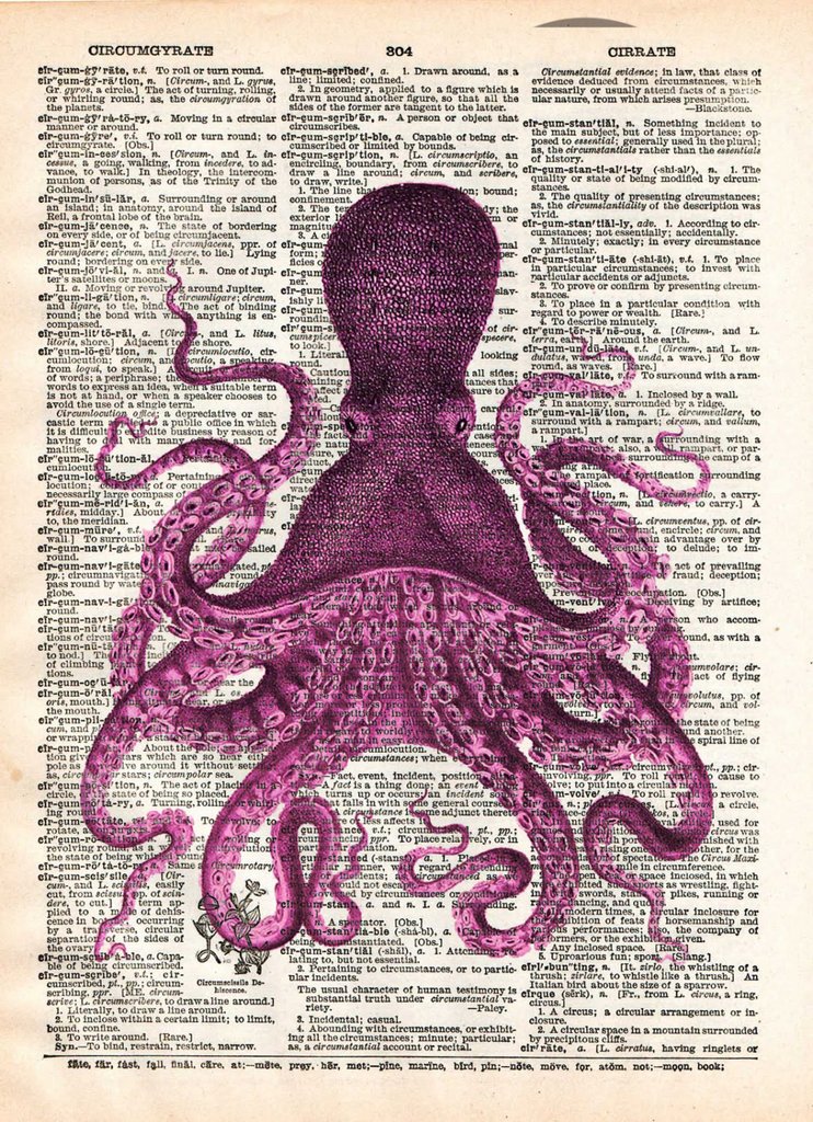 742x1024 Octopus Wall Art, Vintage Octopus Drawing, Dictionary Print, Book