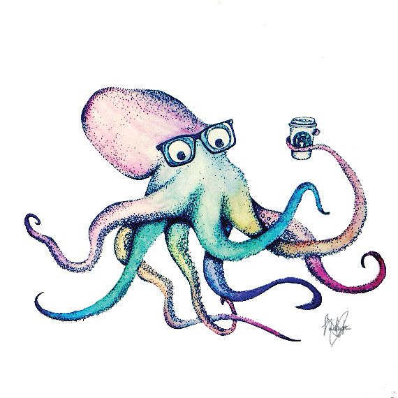 570x570 Octopus Drawing (Hipster Octopus With Coffee) Print Drawings
