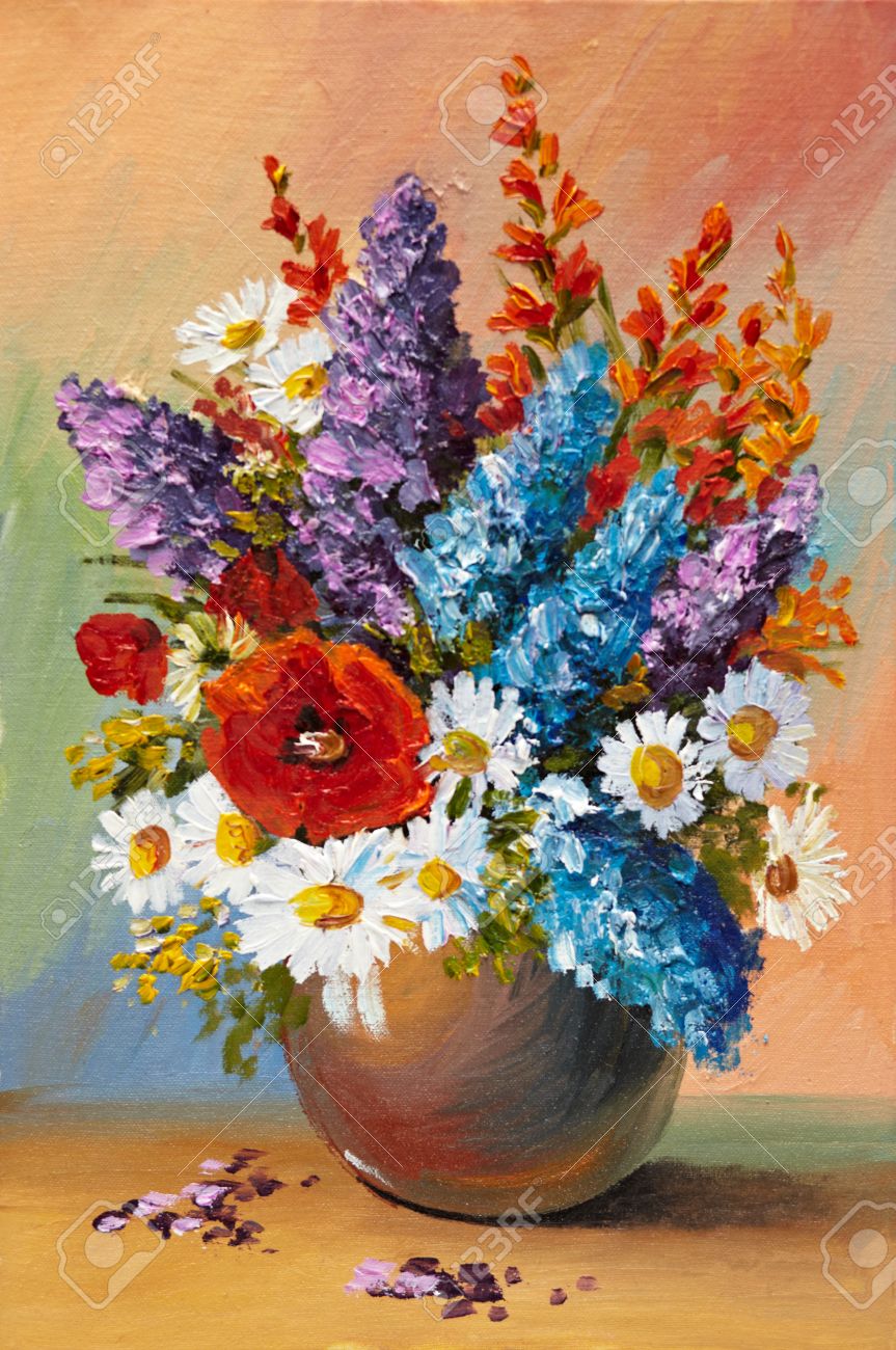 863x1300 Oil Painting Of Spring Flowers In A Vase On Canvas. Abstract