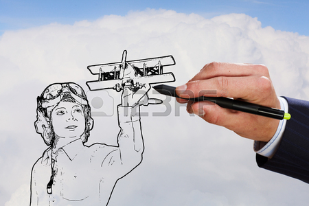 450x300 Person Hand Drawing Old Airplane On Sky Background Stock Photo