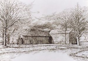 300x209 Landscape Realistic Detailed Old Barn Drawing Pen And Ink Print P