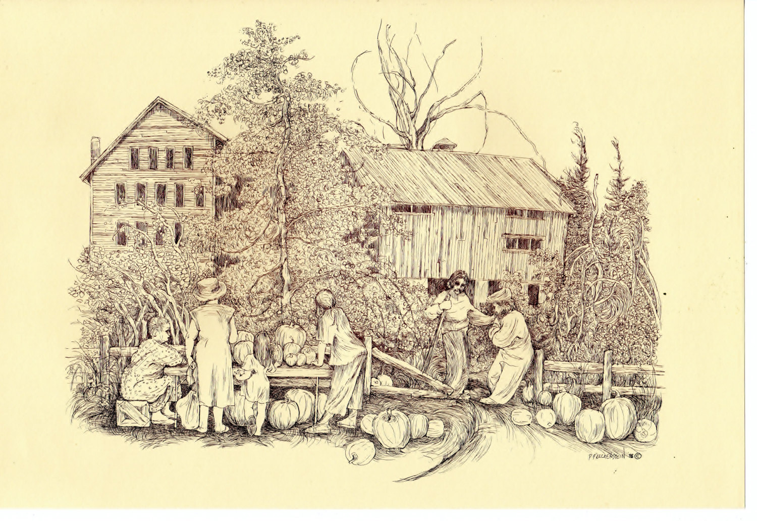 1500x1032 Pen And Ink Drawing, Fall Harvest,rural Landscape,people Wall Art