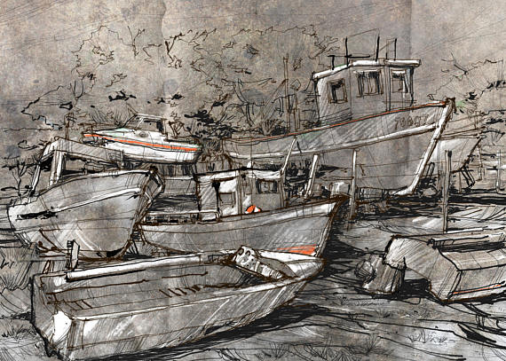 570x407 Old Boats Drawing Harbor Sketch Marine Scenery Ruined