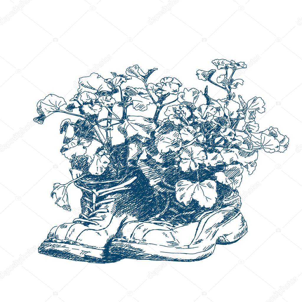 1024x1024 Old Hiking Boots With Flowers Stock Vector Olgatropinina
