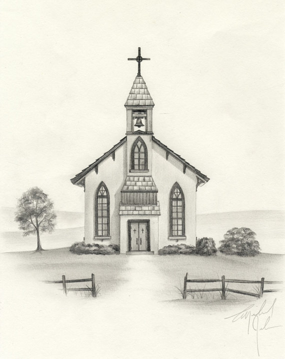 570x718 Country Church Pencil Drawing