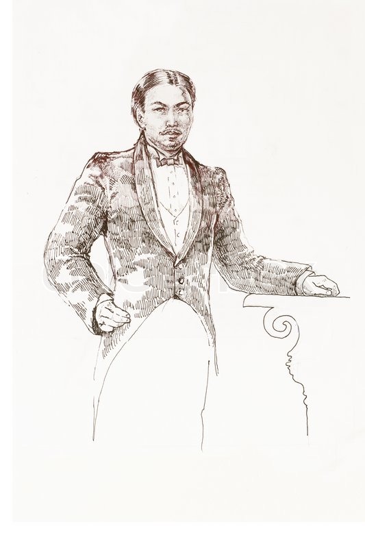 533x800 Old Fashioned Man In Tuxedo Standing Near The Table Pen Drawing