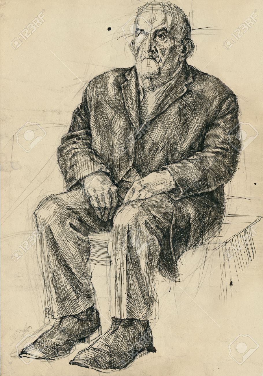 910x1300 Hand Drawing Picture, Pen And Ink, Sitting Old Man Stock Photo