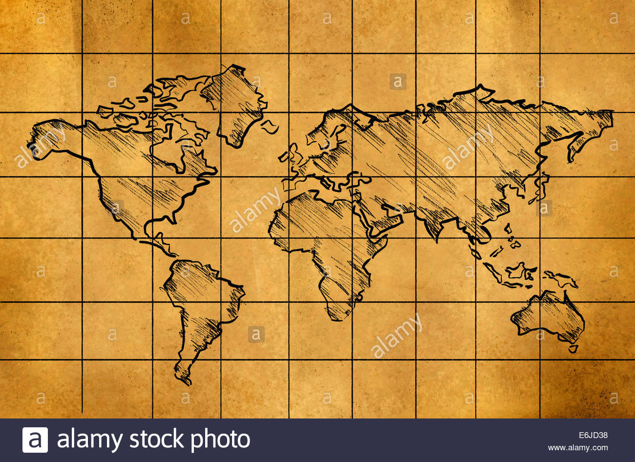 1300x945 World Map Sketch On Old Paper Grid Art Drawing Stock Photo