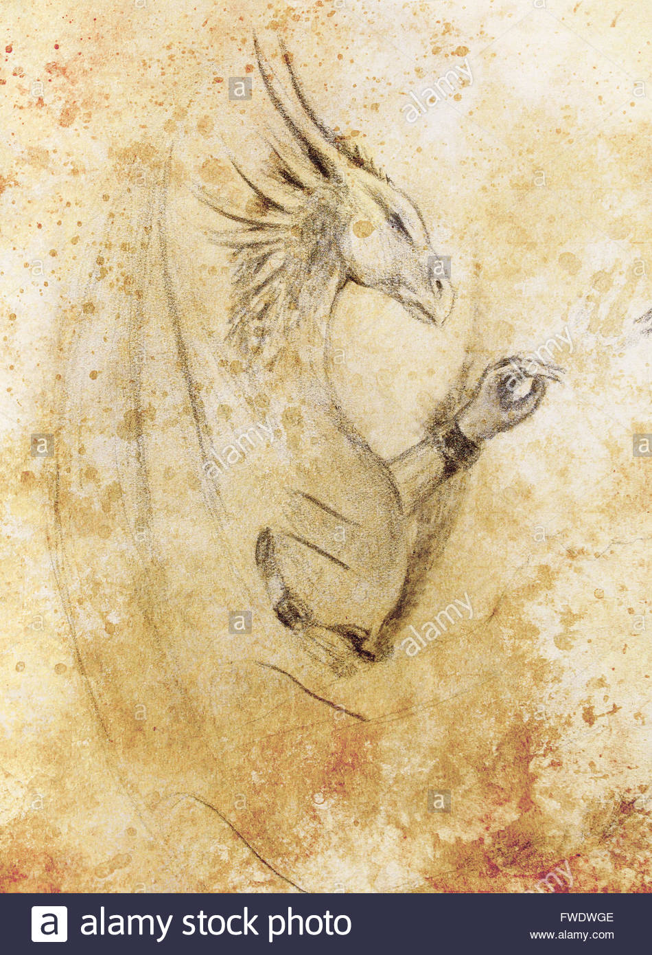 950x1390 Pencil Drawing Dragon On Old Paper Background Stock Photo