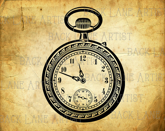 570x452 Vintage Pocket Watch Clipart Lineart Illustration Instant Download