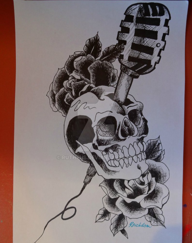 794x1006 Old School Skull, Microphone And Roses Tattoo By Ruthfus