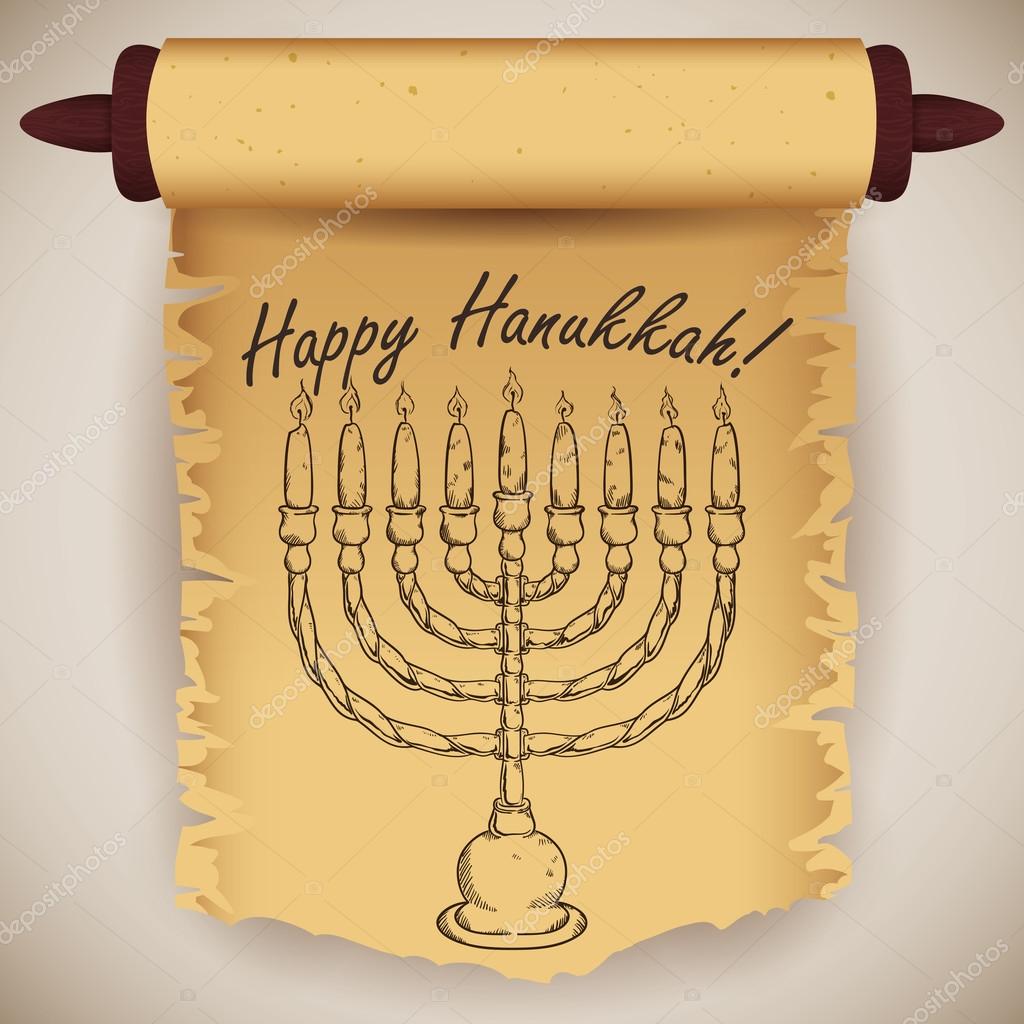 1024x1024 Realistic Chanukiah In Hand Draw Style In Old Scroll, Vector