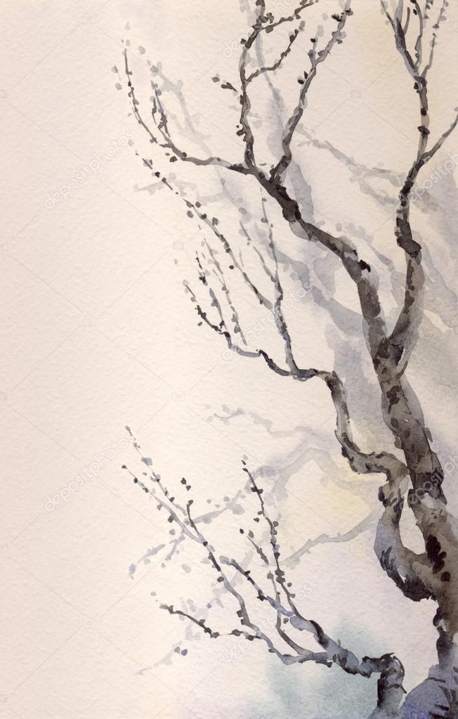652x1023 Watercolor Painting. Bare Branches Of An Old Tree Stock Photo