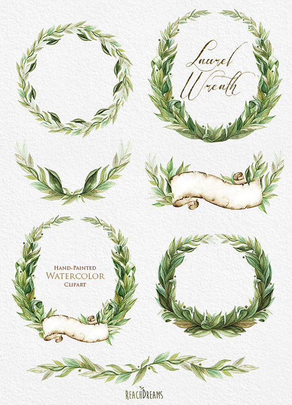 570x792 Laurel Wreath, Watercolor Hand Painted Clipart, Wedding Invitation