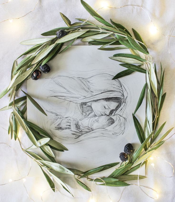 736x847 Nativity Pencil Drawing With Olive Wreath