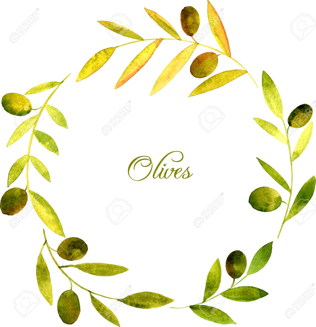 1258x1300 Round Wreath With Watercolor Green Branches Of Olives, Floral